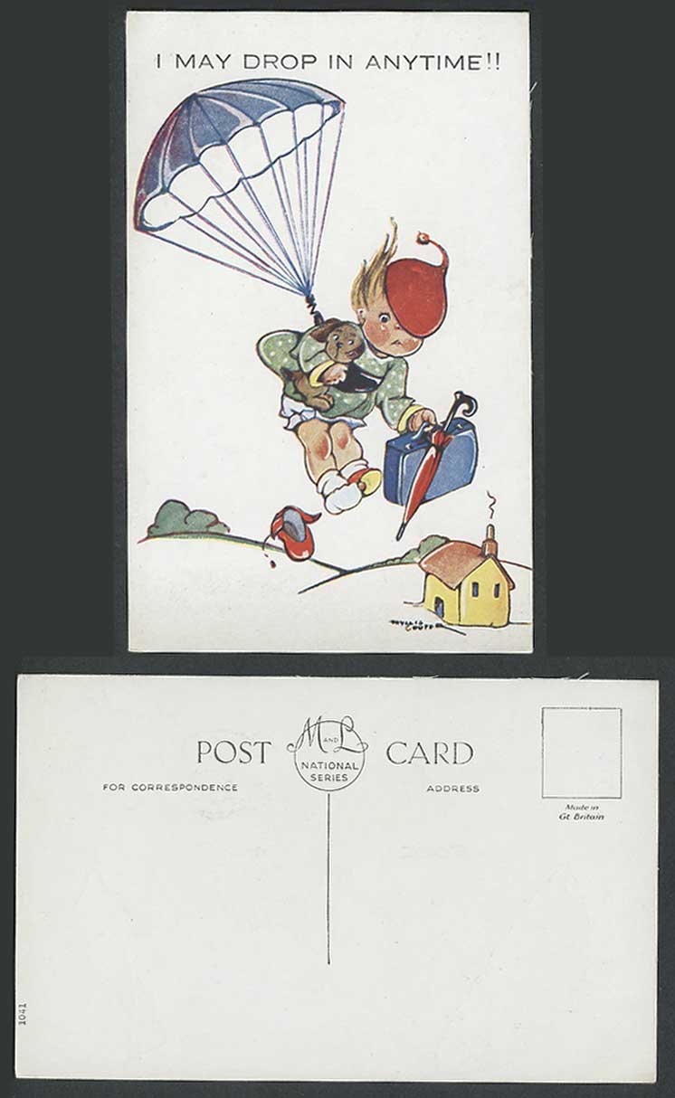 Phyllis Cooper Old Postcard Girl May Drop In Anytime Parachuting Parachuting Dog