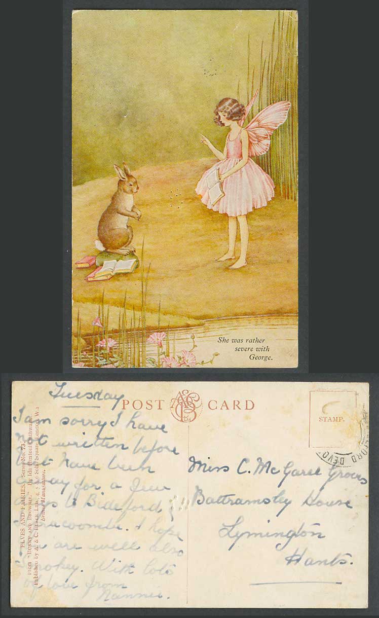 IR OUTHWAITE Old Postcard She Was Rather Severe with George Fairy Bunny, Brownie