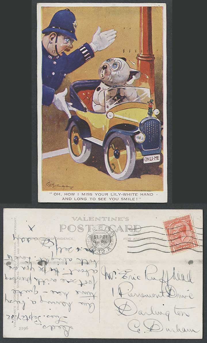 BONZO DOG G.E. Studdy 1932 Old Postcard Motor Car & Police, Lily-White Hand 2196
