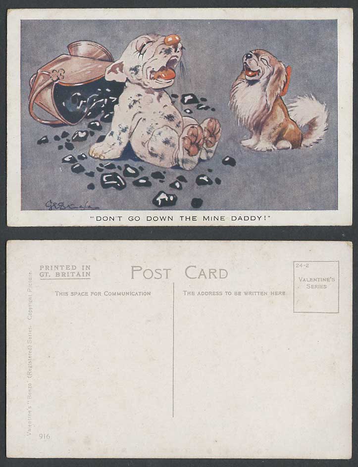 BONZO Dog Dogs G.E. Studdy Old Postcard Don't Go Down The MINE Daddy Coal No.916