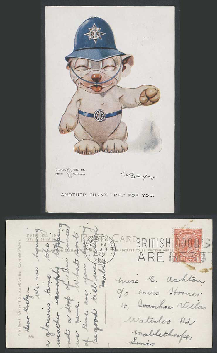 BONZO DOG GE Studdy 1926 Old Postcard POLICE Another Funny P.C. For You. Hat 996
