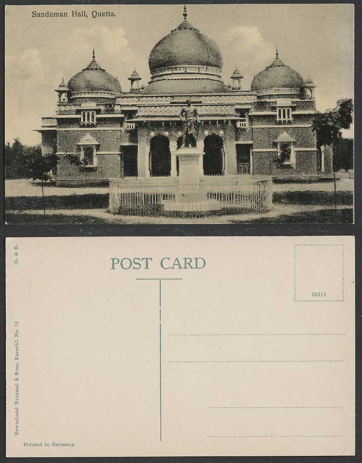 Pakistan Old Postcard Sandeman Hall Quetta Statue Monument Memorial Rewachand M.