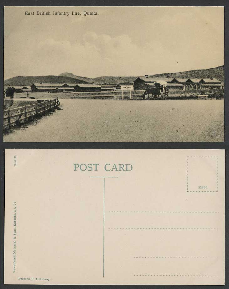 India Old Postcard East British Infantry Line QUETTA Military Barracks HorseCart