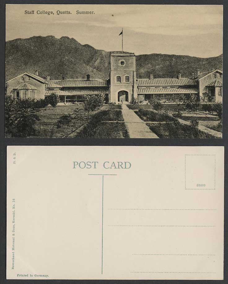 Pakistan Old Postcard Staff College Quetta Summer School Clock Tower Garden Flag