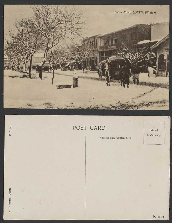Pakistan Old Postcard Bruce Road QUETTA, Winter Snowy Street Scene & Horse Carts