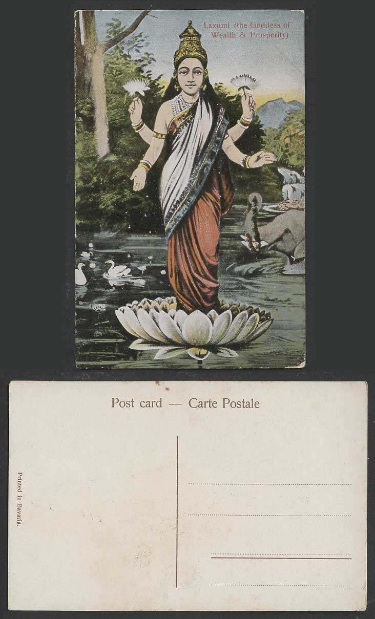 India Old Colour Postcard LAXUMI Goddess of Wealth Prosperity Lotus Flower Swans