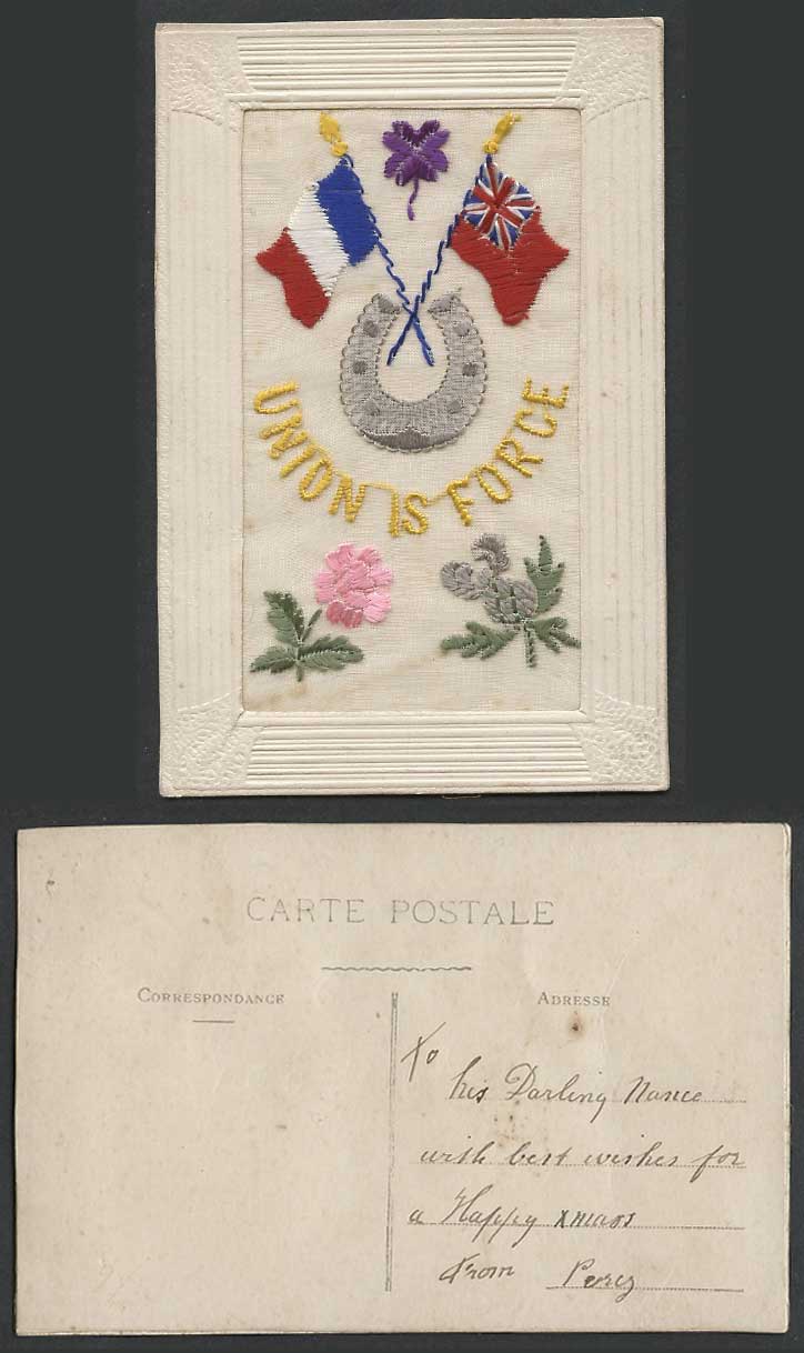 WW1 SILK Embroidered Old Postcard UNION IS FORCE Flags Horseshoe Flowers Novelty
