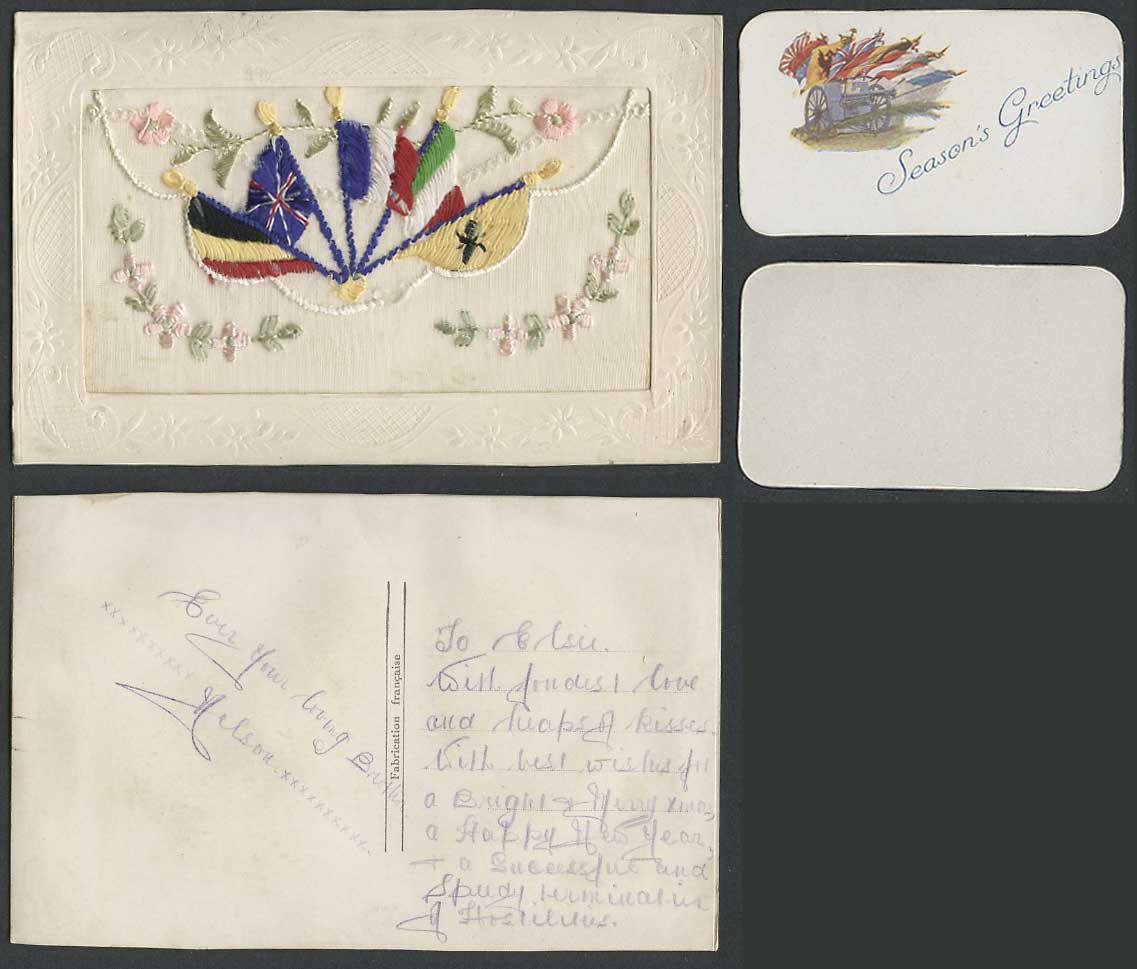 WW1 SILK Embroidered Old Postcard Seasons Greetings Flags Flowers Cannon Big Gun