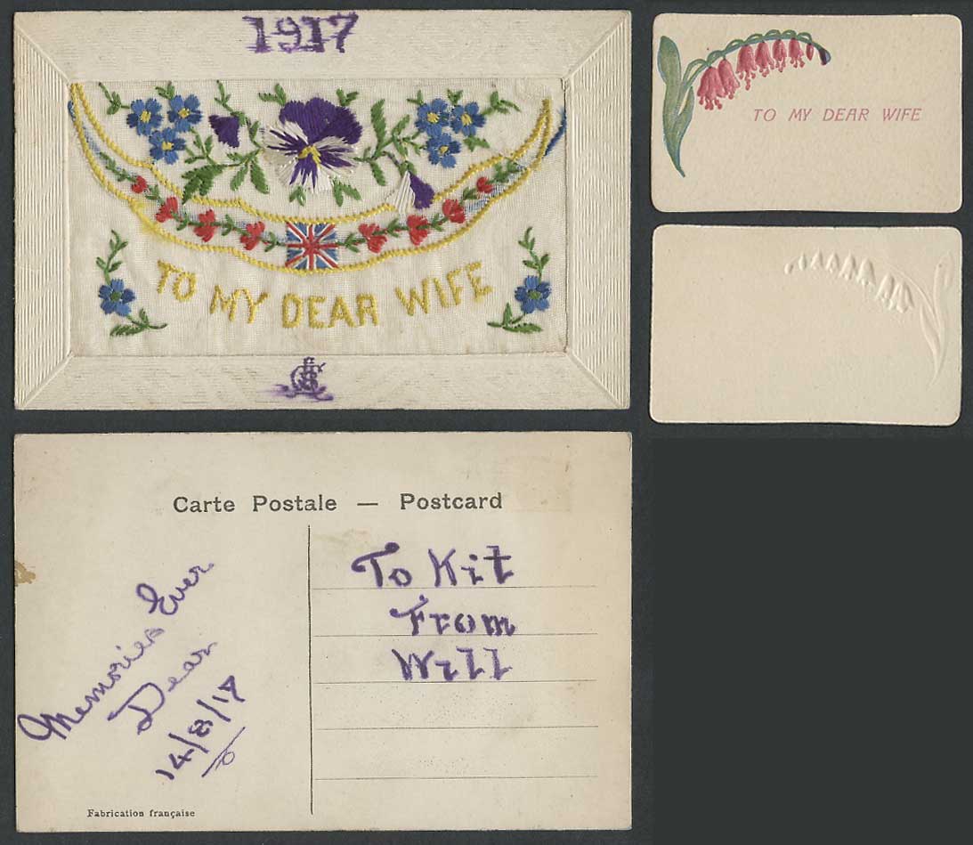 WW1 SILK Embroidered 1917 Old Postcard To My Dear Wife Pansy Flower British Flag