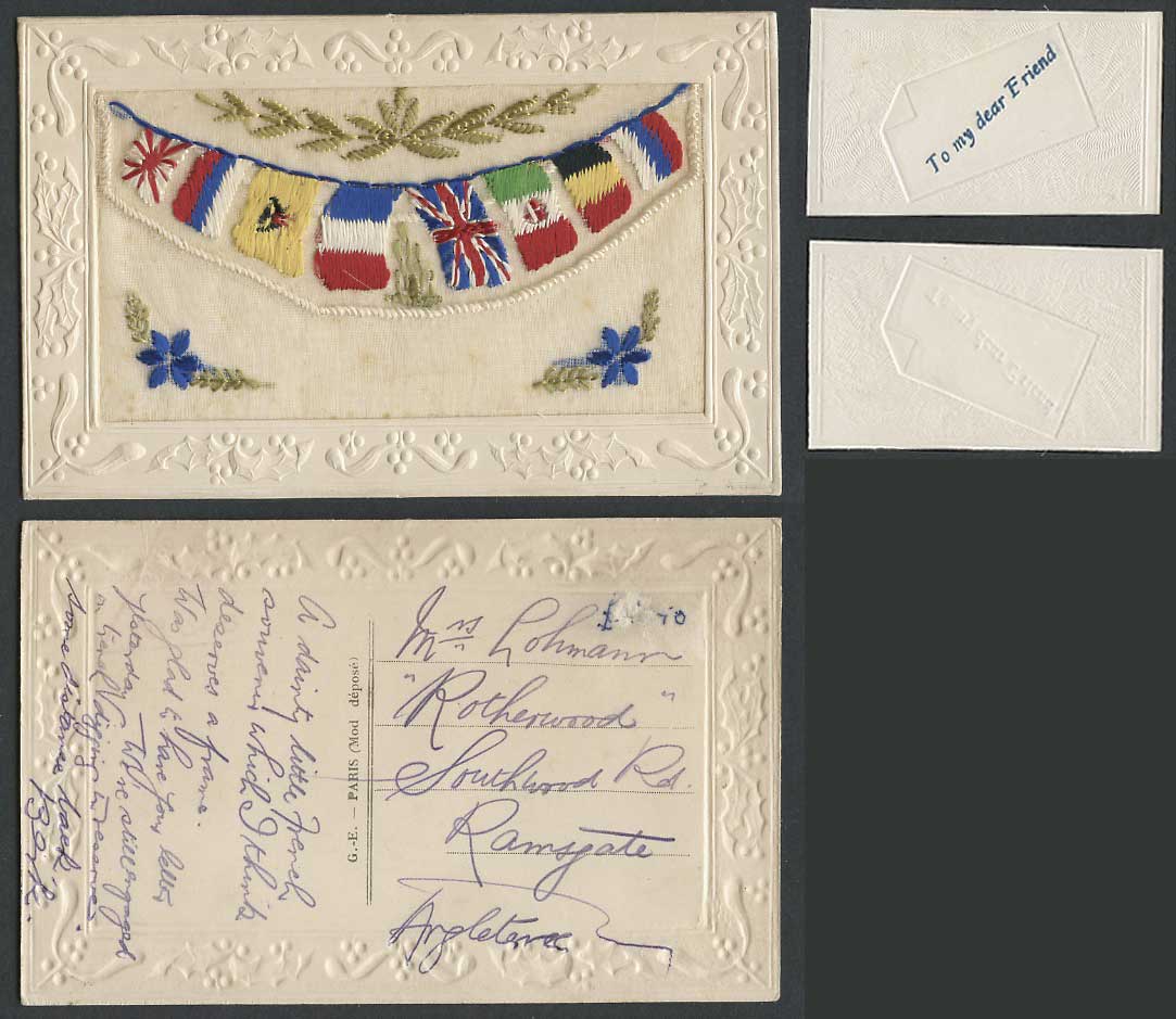 WW1 SILK Embroidered Old Postcard Flags Flowers To My Dear Friend Wallet Novelty