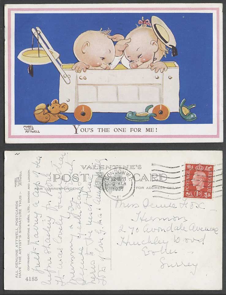 MABEL LUCIE ATTWELL 1939 Old Postcard You's The One For Me! Teddy Bear Cart 4185