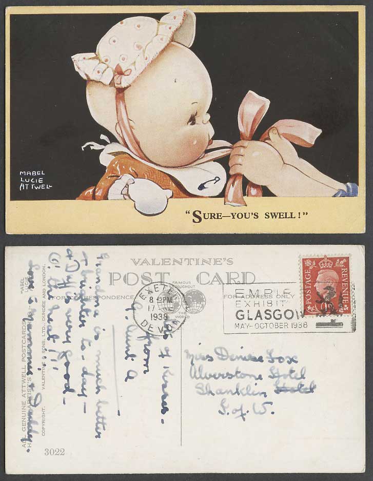 MABEL LUCIE ATTWELL 1938 Old Postcard Sure - You's Swell 3022 Glasgow Exhibition