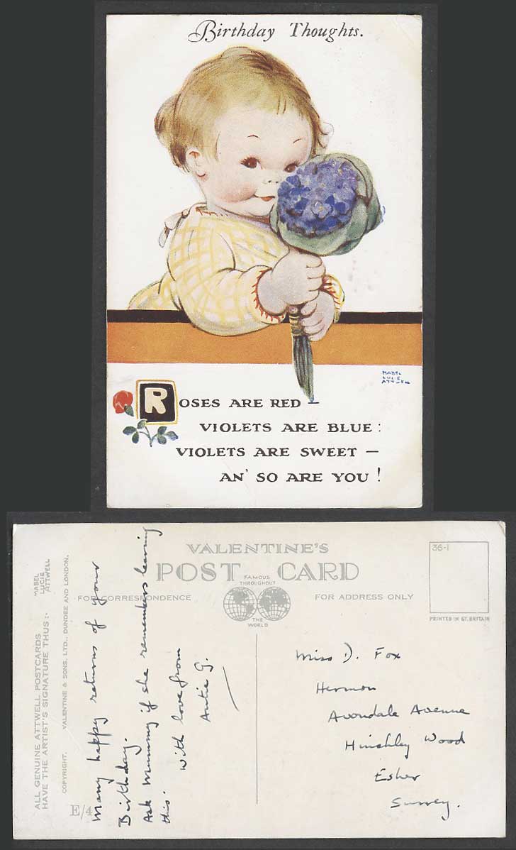 MABEL LUCIE ATTWELL Old Postcard Birthday Thoughts Violets Blue Sweet So R U E/4