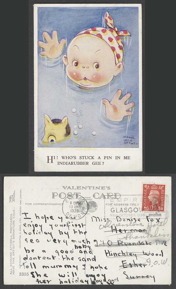 MABEL LUCIE ATTWELL 1938 Old Postcard Who's Stuck Pin in Me Indiarubber Gee 3355