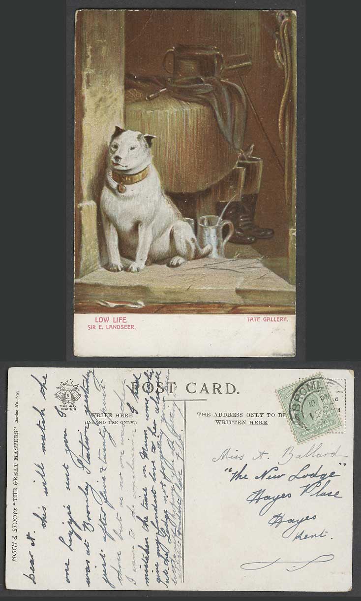 DOG Low Life, Tate Gallery London, Sir E. Landseer Old Colour Postcard Puppy Pet
