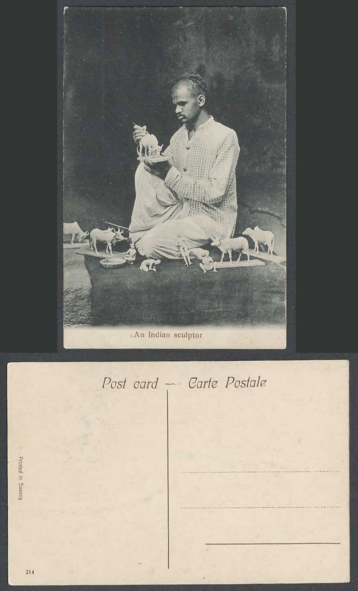 India Old Postcard An Indian Sculptor, Native Man sculpting Buffalo Cattle Bulls
