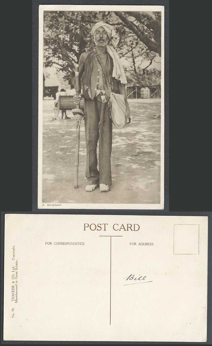India Old Postcard A Beggar Native Indian Man with Walking Stick Thacker & Co.58