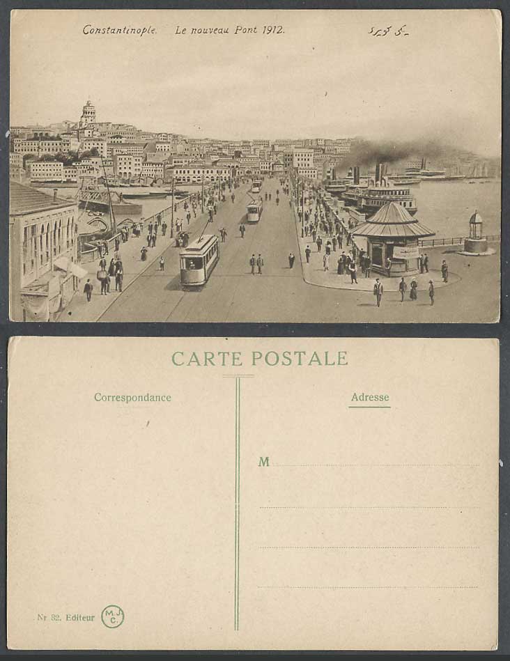 Turkey 1912 Old Postcard Constantinople Le Nouveau Pont Bridge Street Scene TRAM