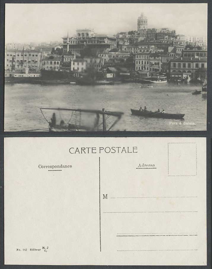 Turkey Old Postcard Constantinople Pera et Galata, Round Tower Row Boats Harbour