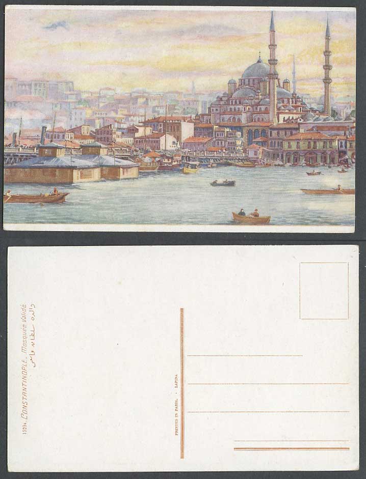 Turkey Old Postcard Constantinople Mosquee Valide Mosque Boats Harbour Panorama