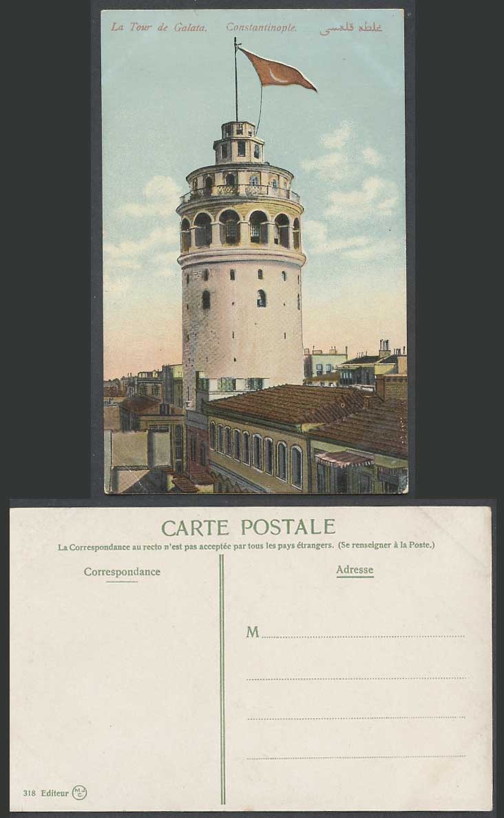 Turkey Old Colour Postcard Constantinople TOUR DE GALATA Tower with Turkish Flag