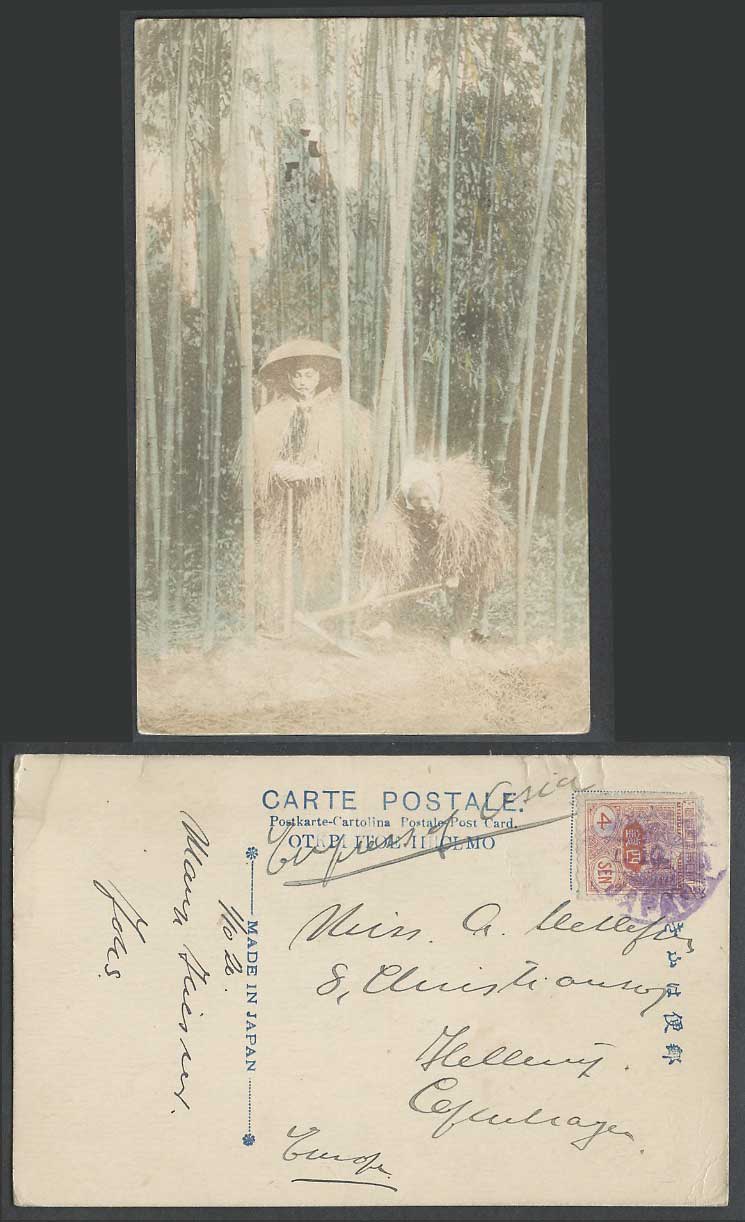 Japan 4s 1920 Old Hand Tinted Postcard Native Farmers in Bamboo Forest Raincoats