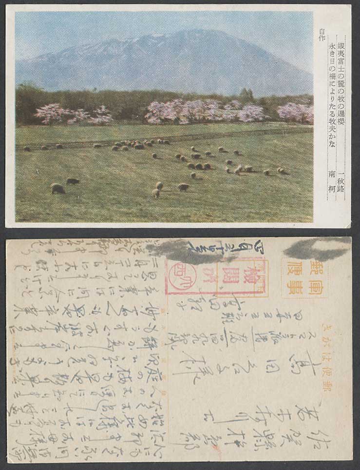Japan Military Censor Old Postcard Emishi Mt. Fuji Cherry Blossoms Sheep 蝦夷富士牧遲櫻