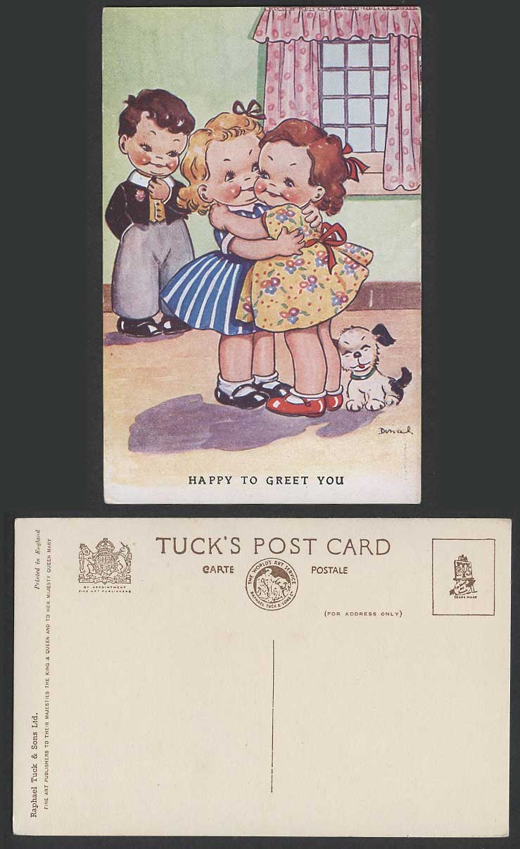 DINAH Artist Signed Old Tuck's Postcard Happy to Greet You, Dog Puppy, Girls Hug