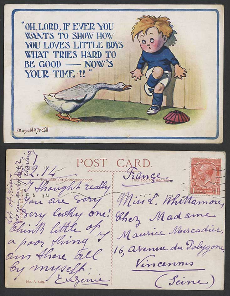 Donald McGill 1914 Old Postcard Lord show how you loves Boy Chased by Goose Bird