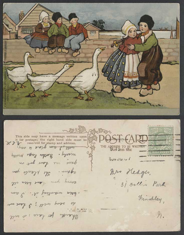 Ethel Parkinson 1907 Old Postcard Dutch Children Geese Birds Girls Boys Costumes
