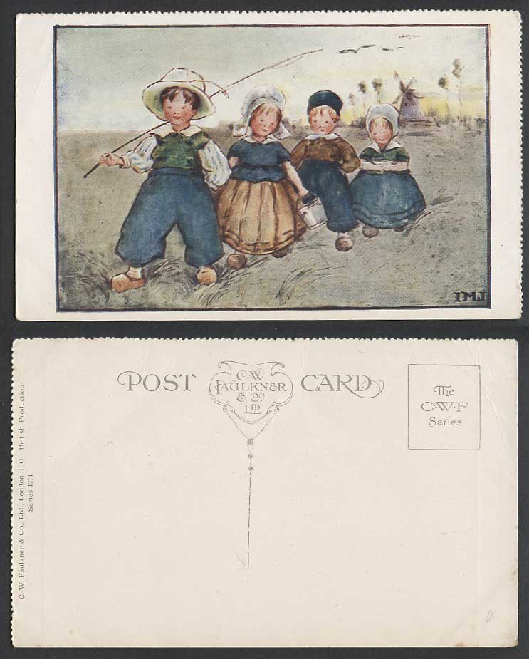I.M.J. Artist Signed Old Postcard Dutch Children Go Fishing Rod Angler, Windmill