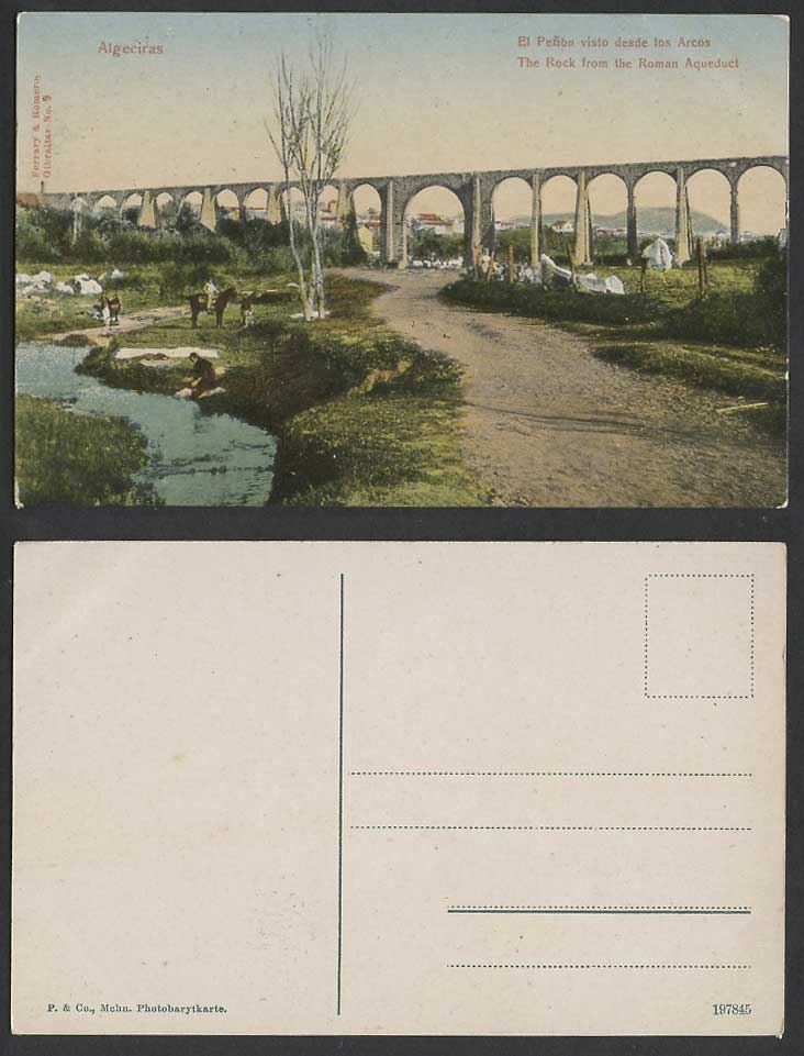 Spain Old Postcard Algeciras The Rock from Roman Aqueduct, Bridge Horse River