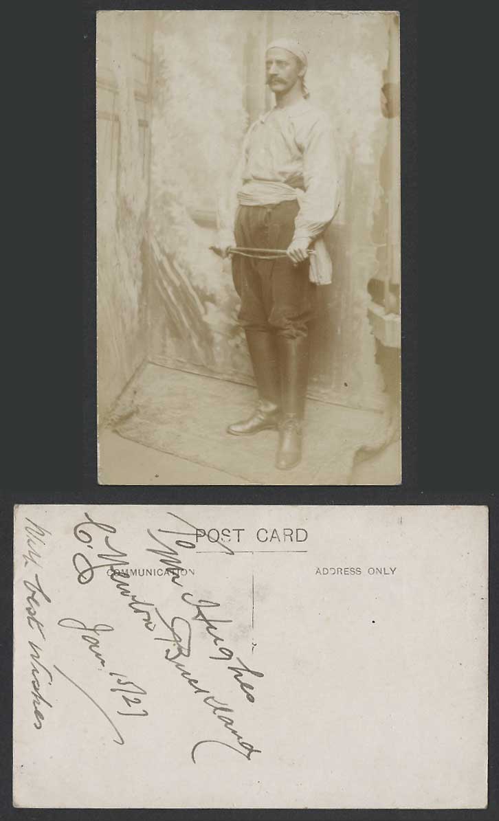 Egypt 1927 Old Real Photo Postcard An Arab Man or Soldier with Whip To Mr Hughes