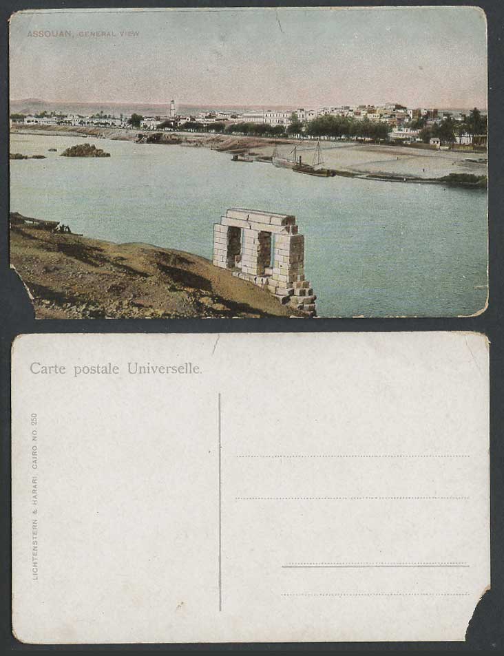 Egypt Old Postcard Assuan Assouan General View Panorama River Temple Gate Ruins
