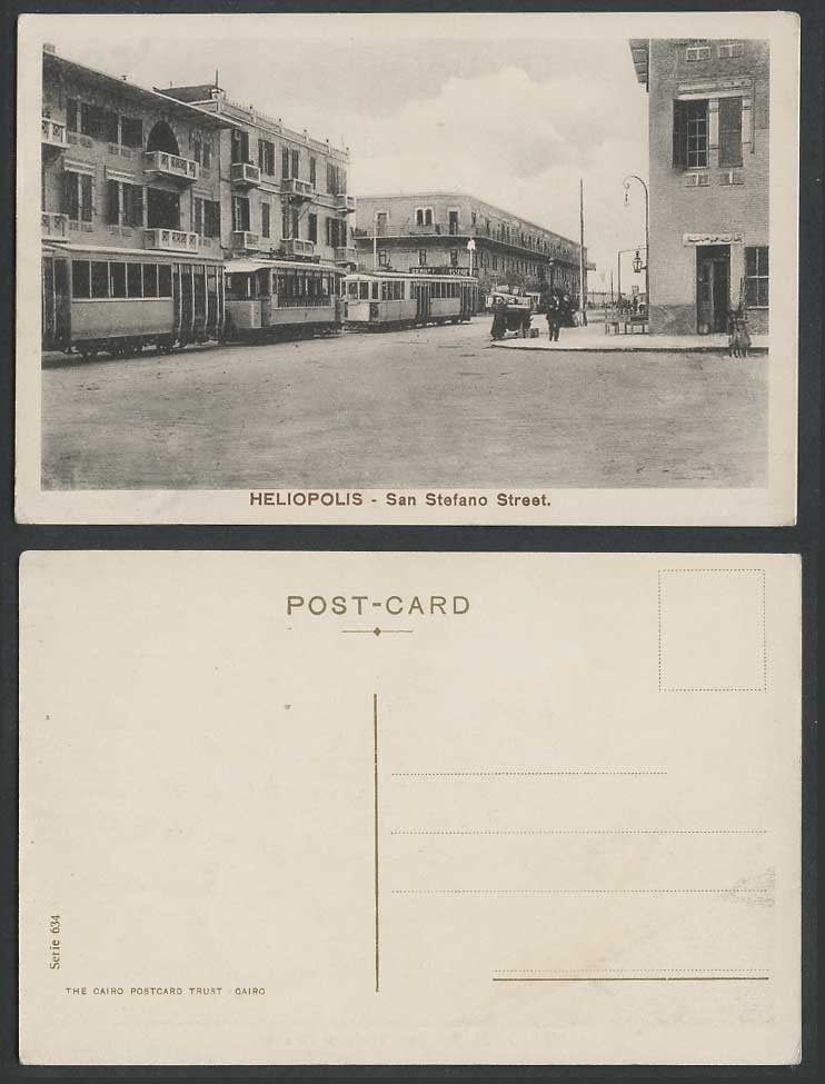 Egypt Old Postcard Heliopolis San Stefano Street Scene TRAM Tramway Gd Brasserie