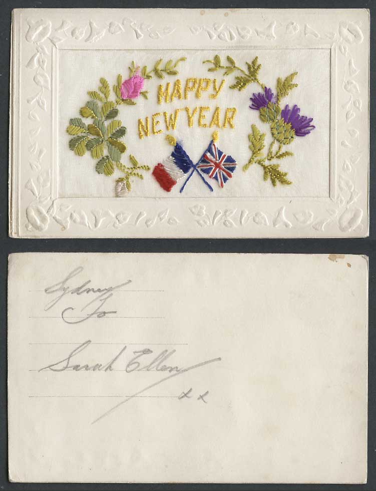 WW1 SILK Embroidered Old Postcard Happy New Year, Flags, Thistle Flowers, Flags
