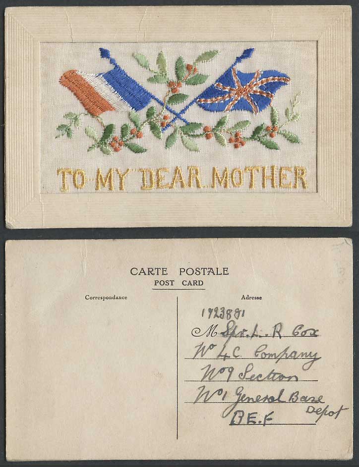 WW1 SILK Embroidered Old Postcard To My Dear Mother British & French Flags Holly