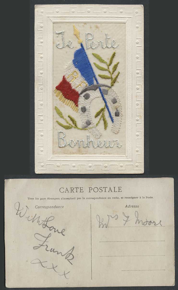 WW1 SILK Embroidered Old Postcard R.F. Royal Fusiliers, Je Porte Bonheur, Flag
