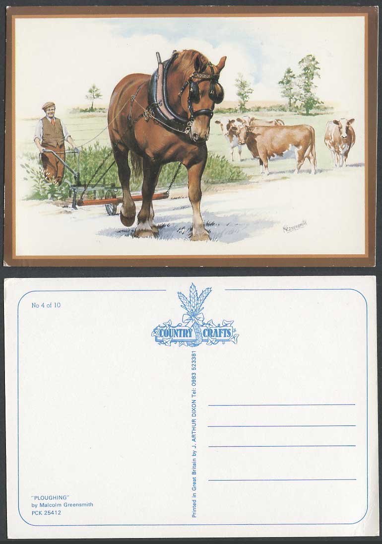 Malcolm Greensmith Artist Signed Ploughing Farmer and Horse, Cow Cattle Postcard