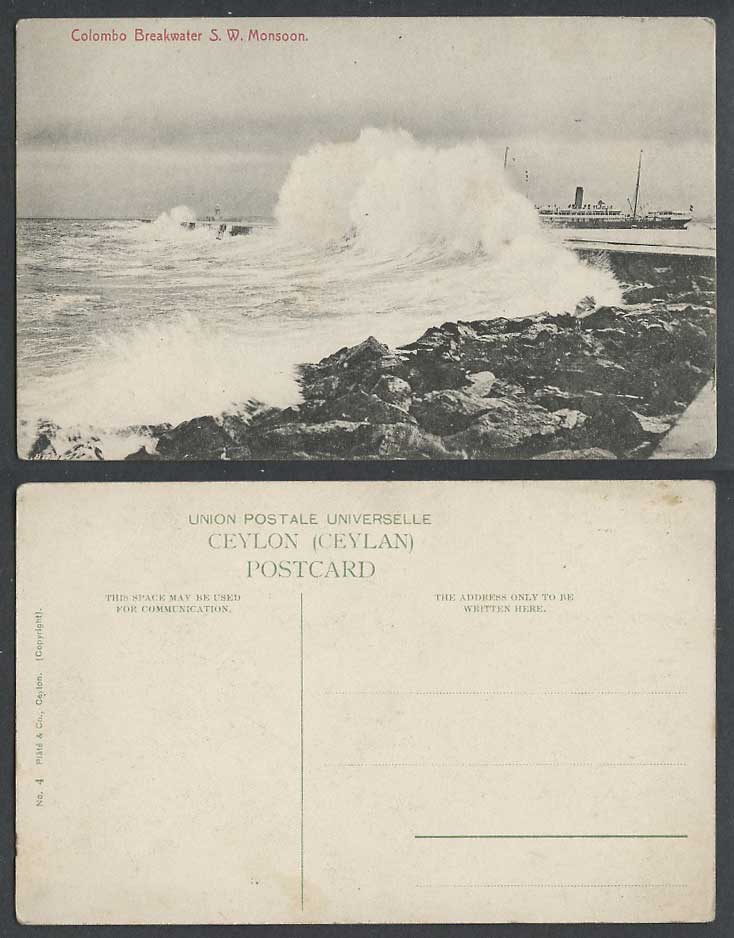 Ceylon Old Postcard Colombo Breakwater South West S.W. Monsoon Steam Ship & Pier
