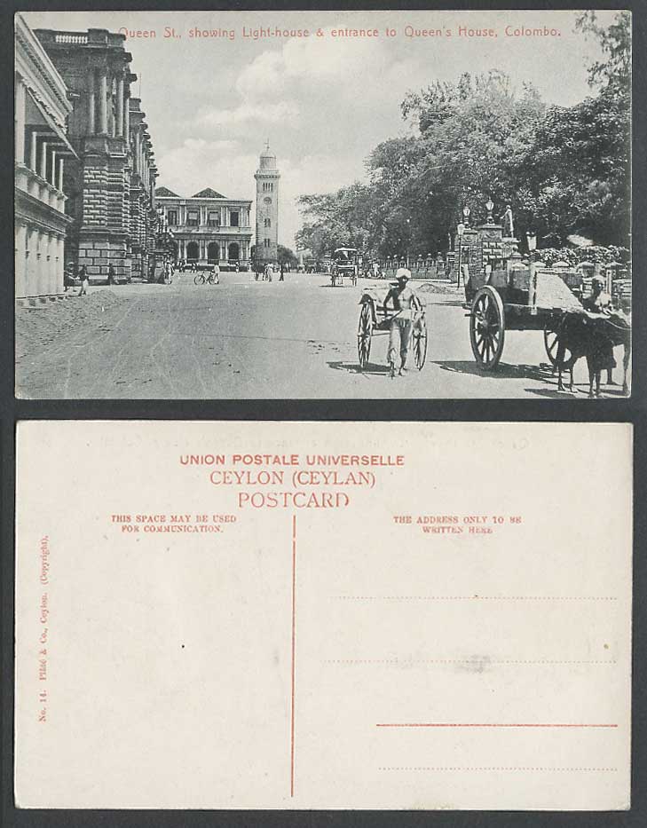 Ceylon Old Postcard Queen Street Lighthouse Queen's House Entrance Carts Colombo