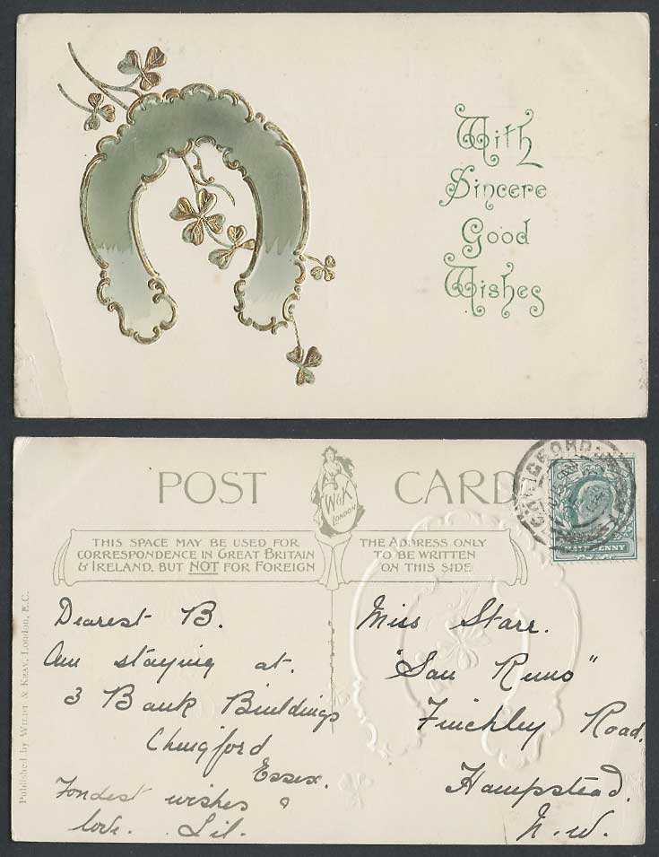 Ireland 1904 Old Colour Postcard Horseshoe four-leaf clovers Sincere Good Wishes