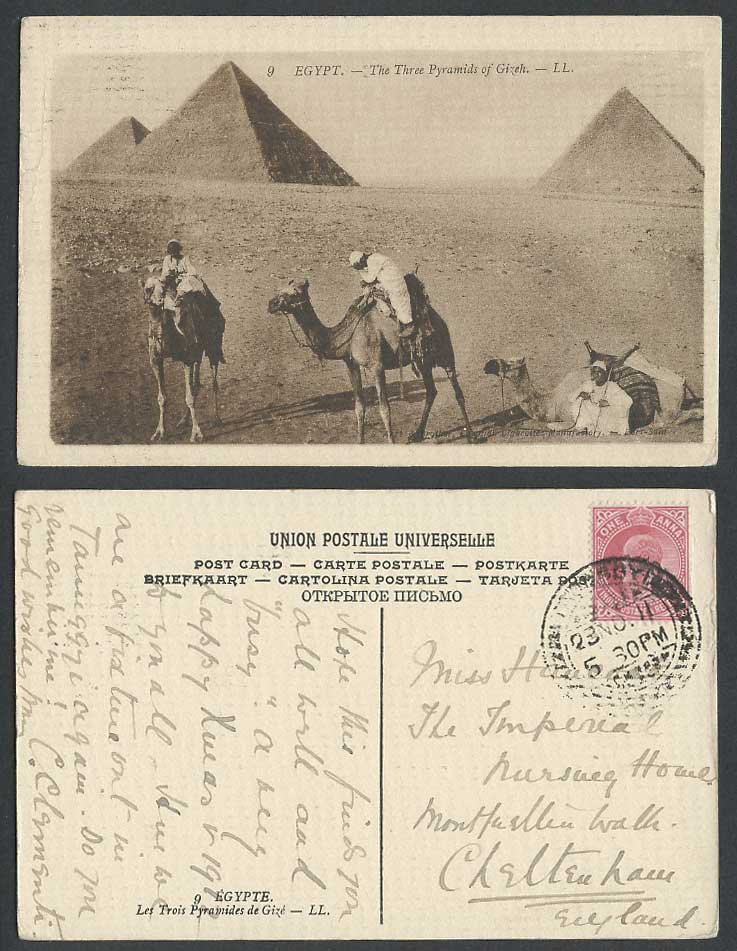 Egypt India 1a 1911 Old Postcard Cairo The Three Pyramids Gizeh Giza Camels LL 9
