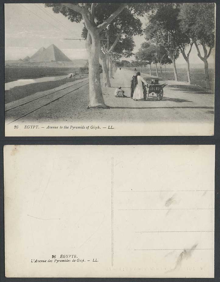 Egypt Old Postcard Avenue to The Pyramids of Gizeh Giza Cart by Railroad L.L. 26