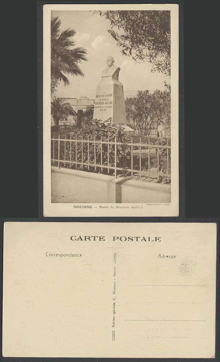 Tunisia Old Postcard Sousse, Buste du Senateur Gallini Senator Monument Memorial