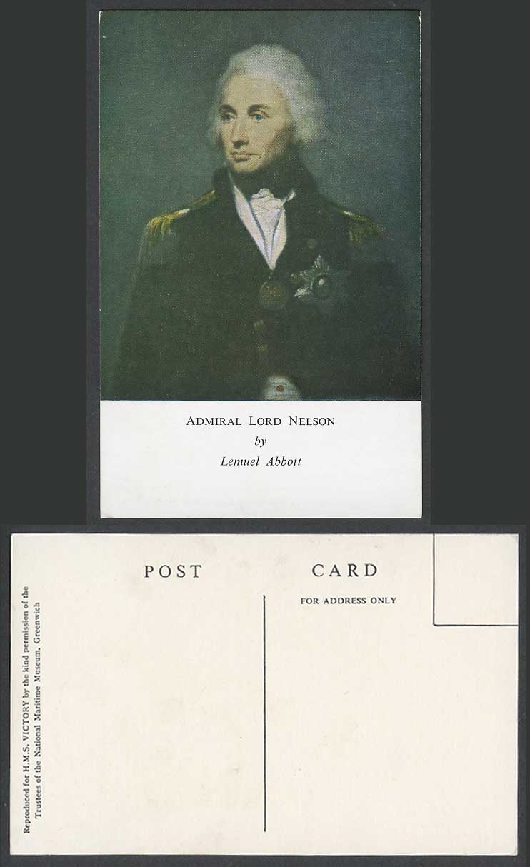 Admiral Lord Nelson Portrait by Lemuel Abbott Artist Old Postcard H.M.S. Victory