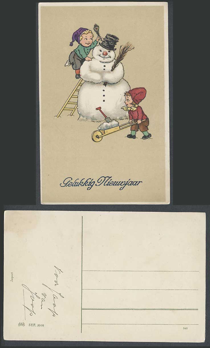 Snow Man Children Making Snowman Old Postcard Gelukkig Nieuwjaar, Happy New Year