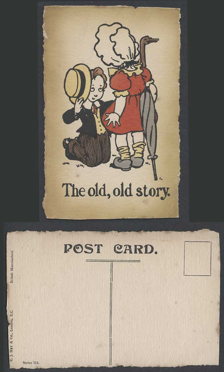 The Old, Old Story. Umbrella Romance Artist Drawn Vintage Hand Painted Postcard