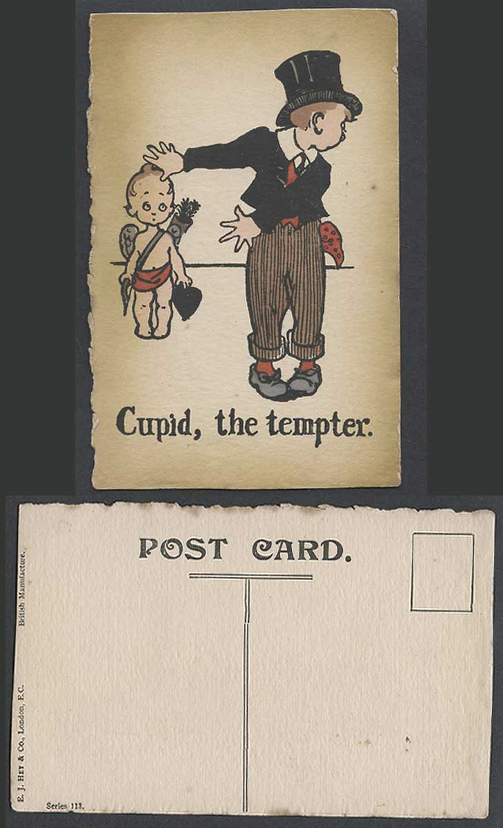 Cupid The Tempter, Bow and Arrow, Artist Drawn Old Hand Painted Postcard Novelty