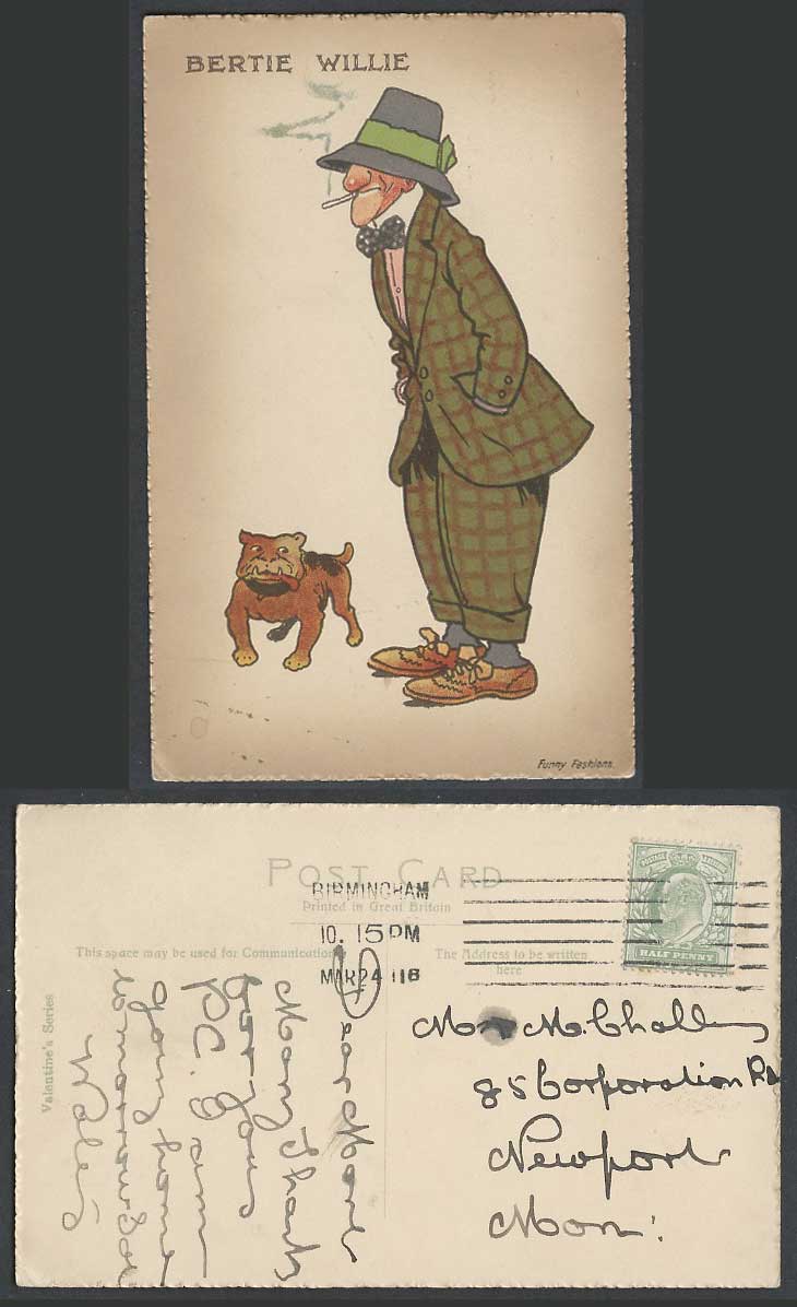 Bertie Willie Drunk Man Smoking Bulldog Bull Dog Funny Fashion 1911 Old Postcard